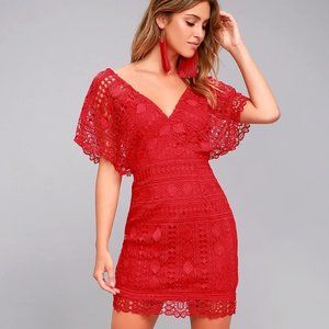 Lulu's First Kiss Red Lace Dress, Women's Size Small